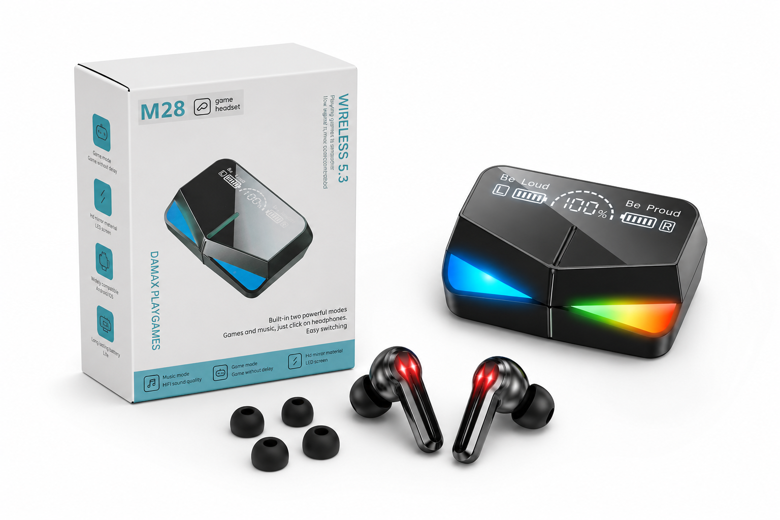 M28 Gaming Earbuds Bluetooth 5.3 TWS Wireless Earbuds with LED Display & RGB Lights