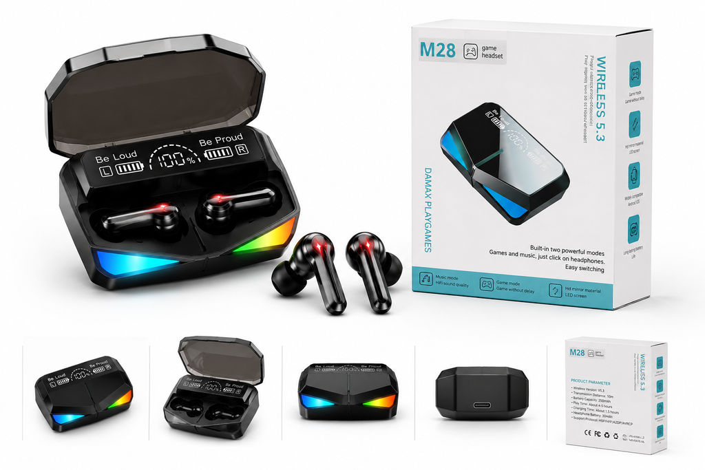 M28 Gaming Earbuds Bluetooth 5.3 TWS Wireless Earbuds with LED Display & RGB Lights