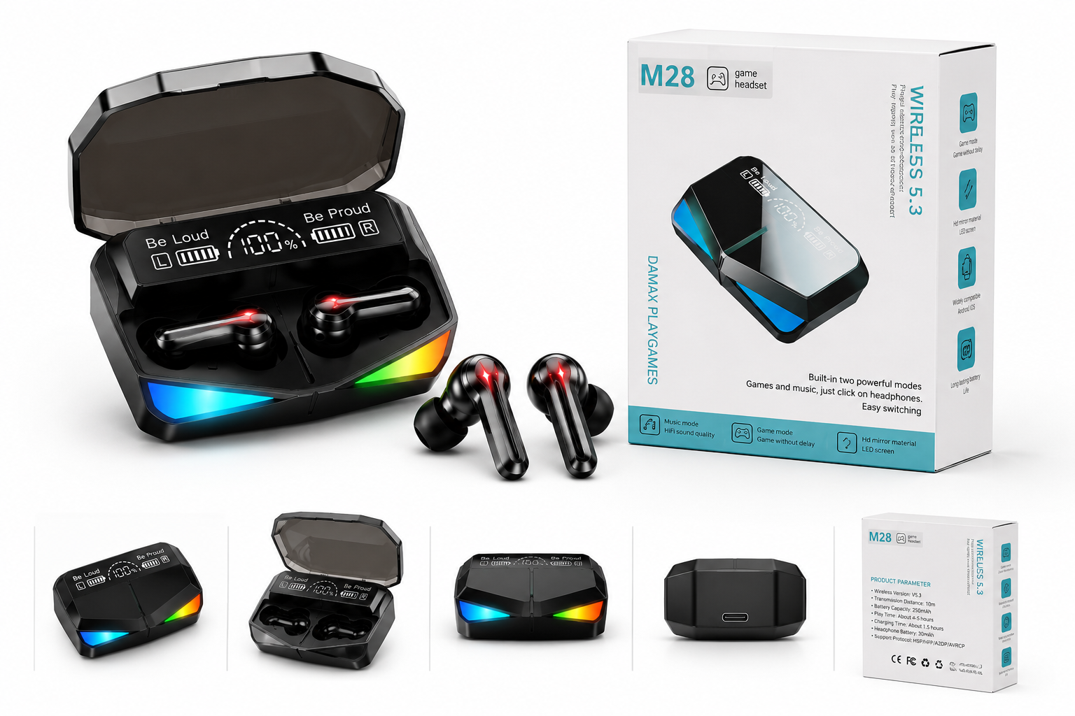 M28 Gaming Earbuds Bluetooth 5.3 TWS Wireless Earbuds with LED Display & RGB Lights