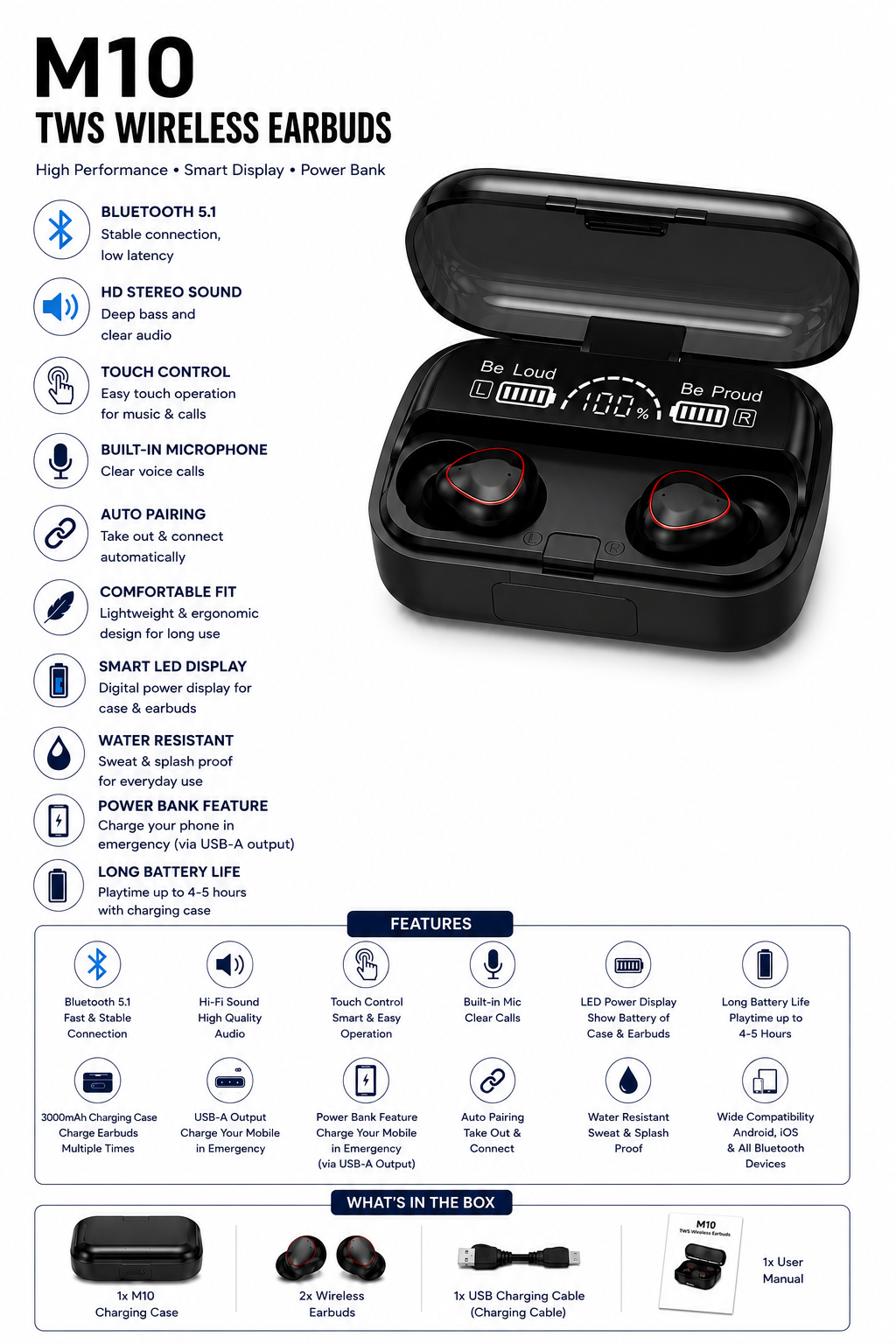 M10 TWS Wireless Earbuds with LED Display & Power Bank Charging Case | Bluetooth 5.3